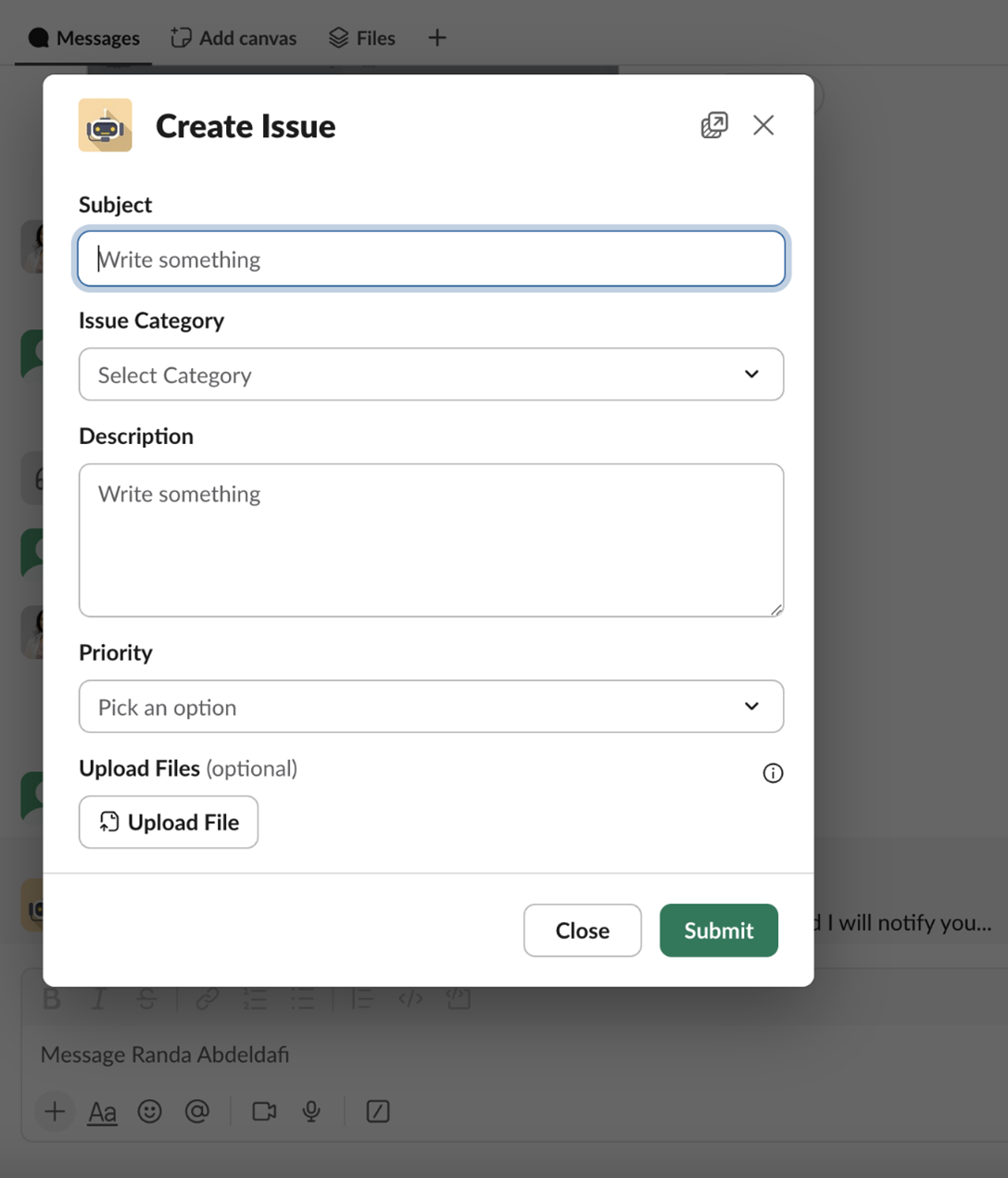 Slack bot issue form